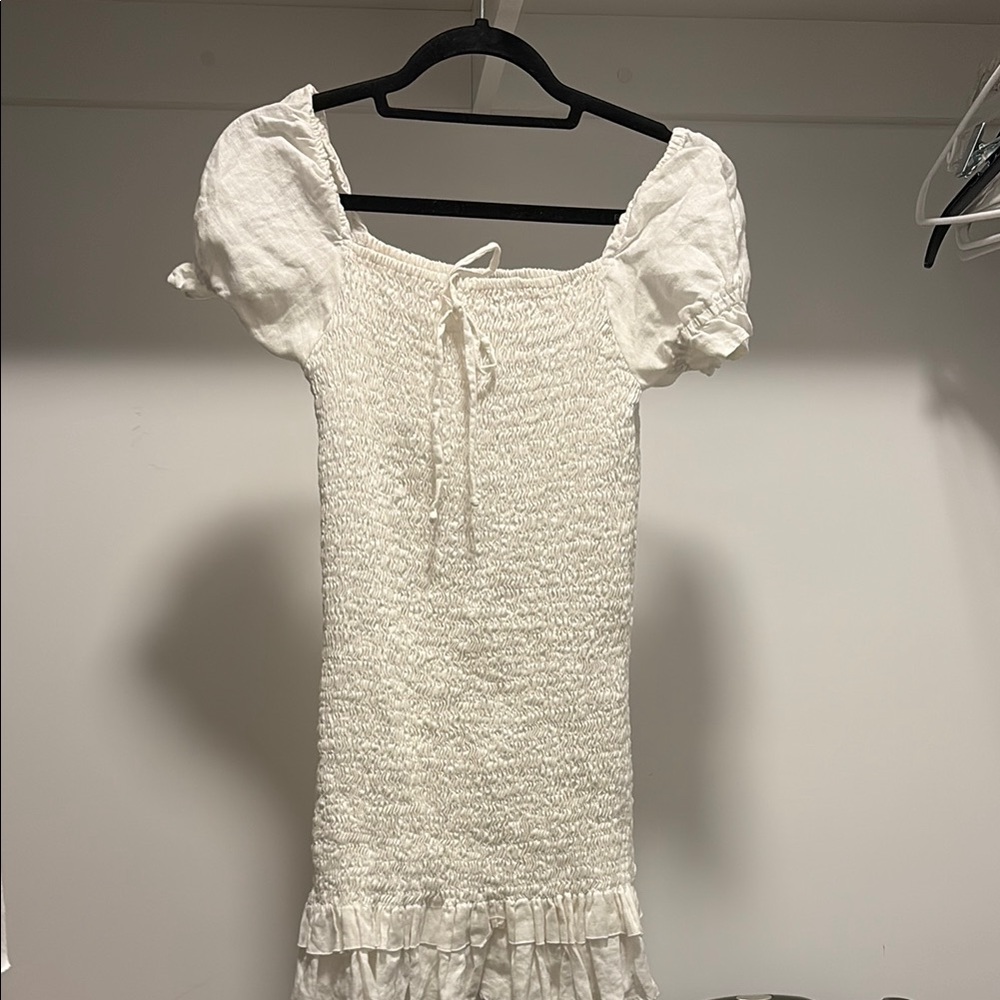 Faithfull the Brand White Smocked Puff Sleeve Mini Dress